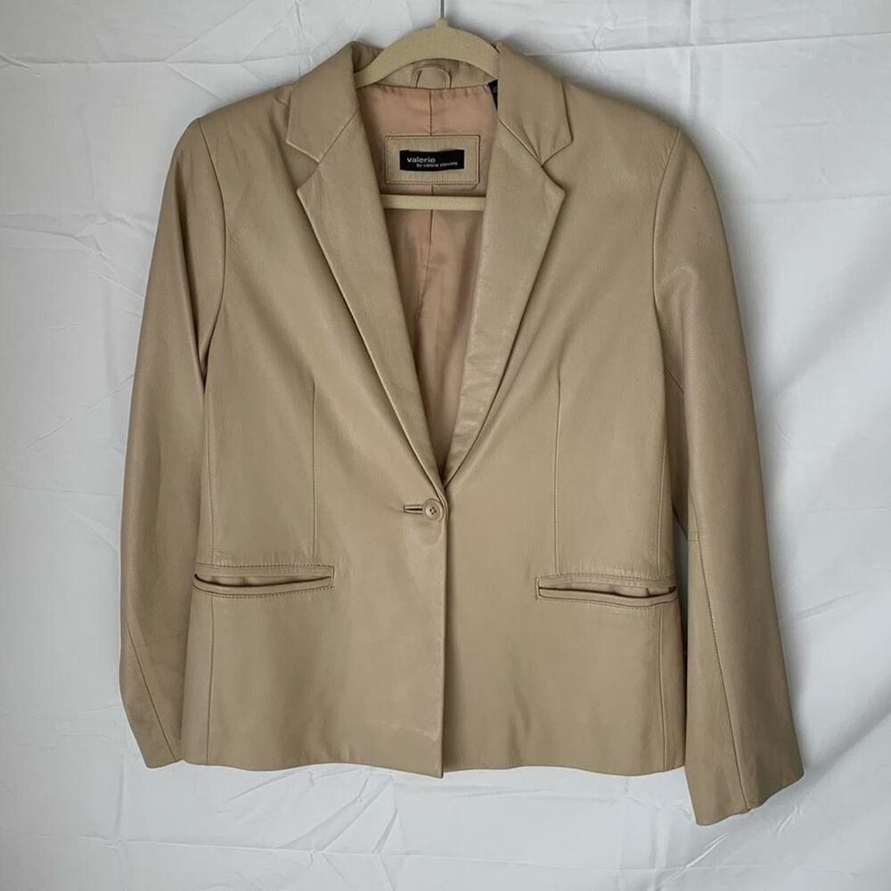 Valerie Stevens tan leather Blazer jacket minimalist neutral scandi vintage y2k